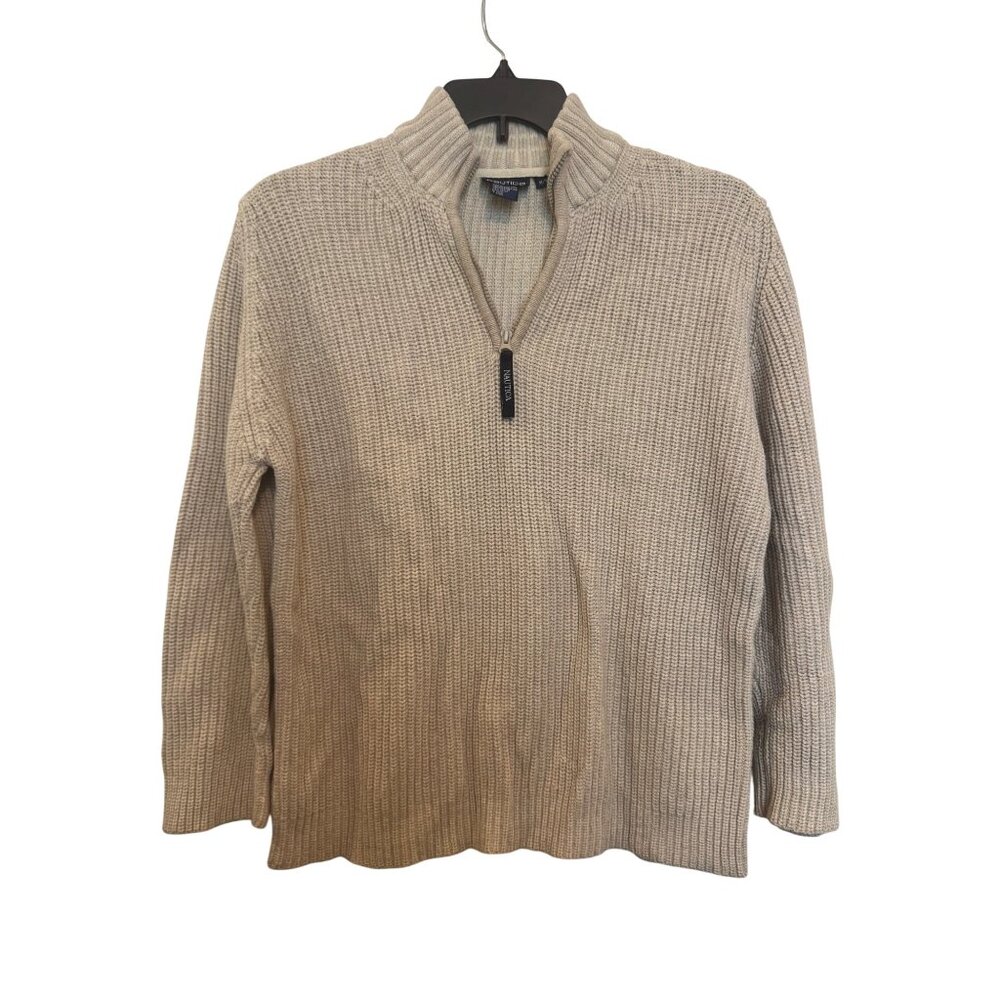 Nautica Beige Half-Zip Knit Sweater M 100% Cotton Mens Casual Pullover